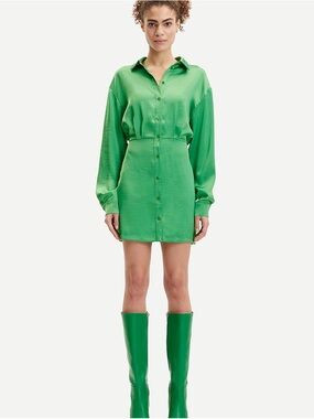 Samsøe Samsøe Liza Shirt Dress Satin Green Button Front Mini Size S